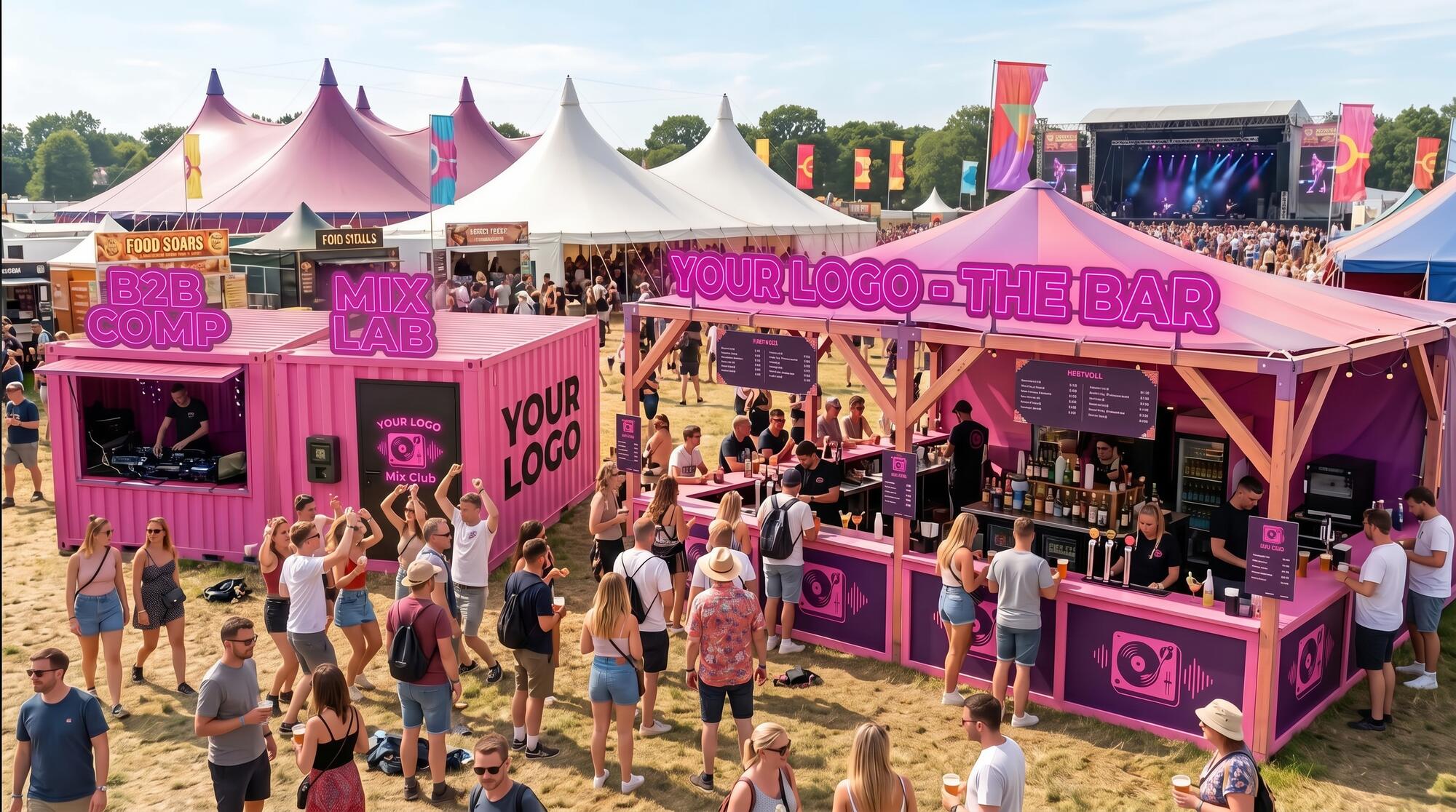 Two pink MixClub booths and a branded bar on a festival field, packed with people