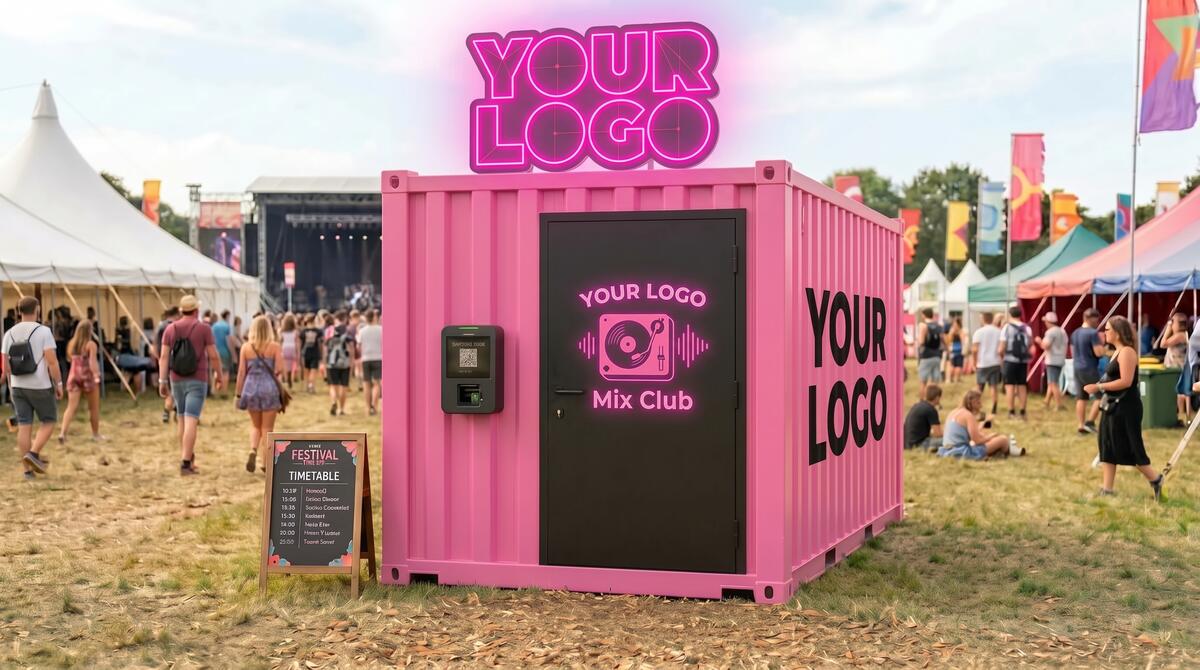 A pink booth with a glowing logo sign on top