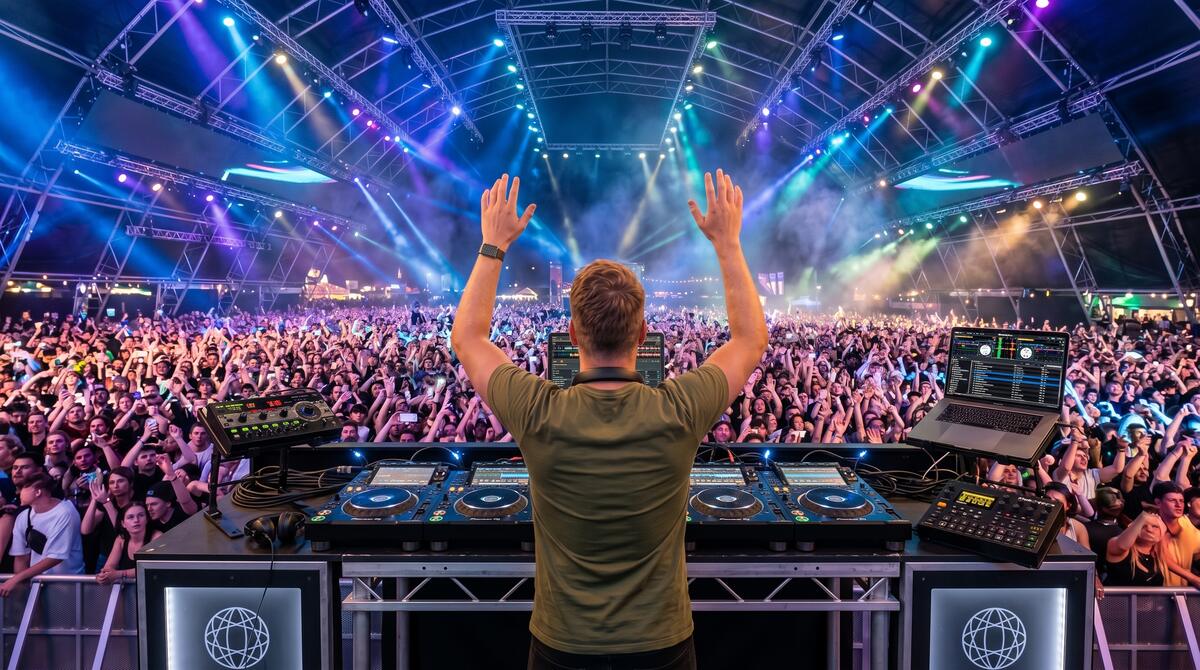 A DJ with his arms up, facing a huge festival crowd under stage lights