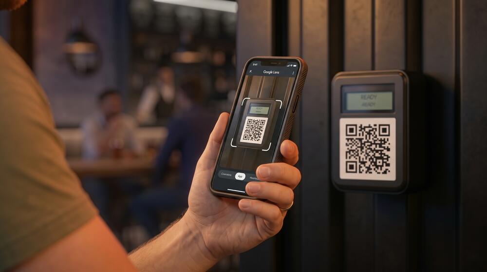 A phone scanning the QR code on the booth door