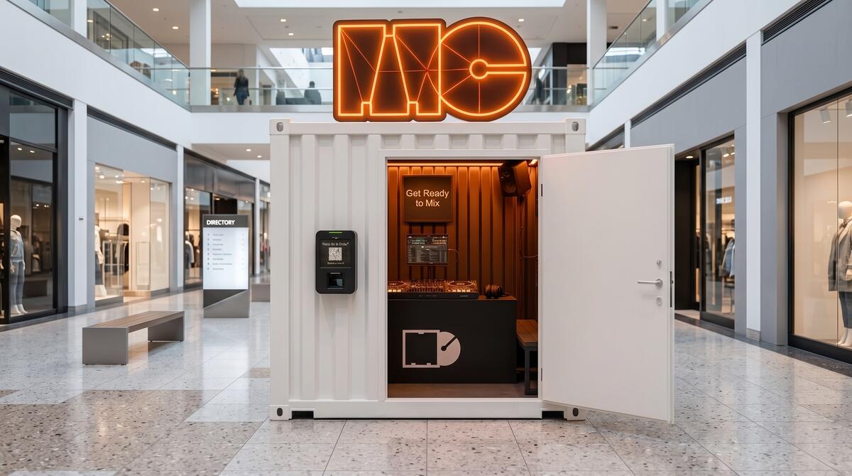 A white MixClub booth in a bright shopping centre